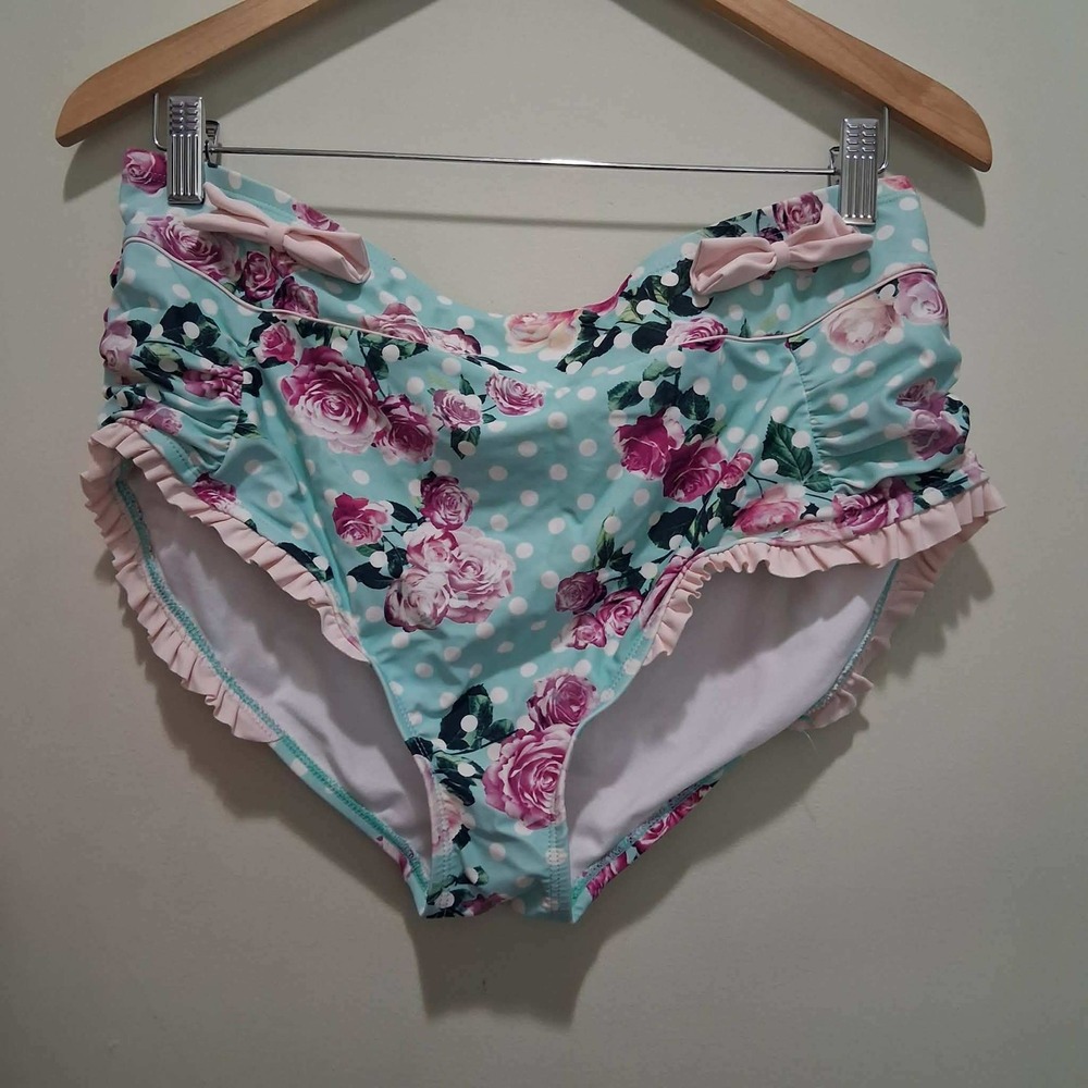 Hot Topic Womens XL Floral Polka Dot High Waisted Bikini Bottoms Teal Pink Bows